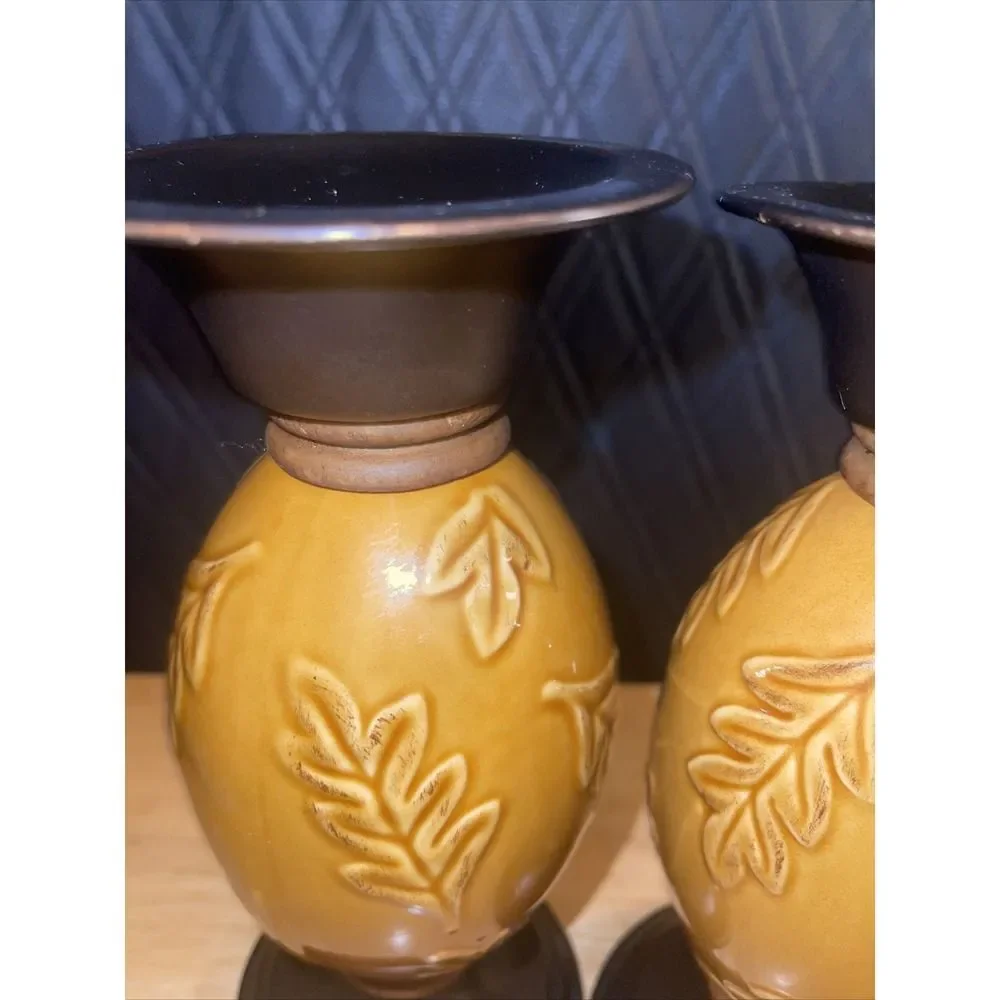 Retired Target Pair of Amber Leaf Embossed Ceramic Candle Holders Pillar Taper